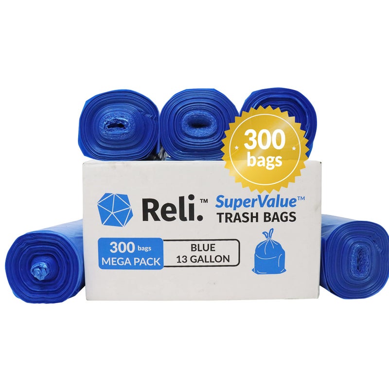 Reli. أكياس إعادة التدوير سعة 13 جالون من ريلي. سوبر فاليue | 300 قطعة | أكياس مطبخ طويلة | أكياس زرقاء للقمامة - Image 1